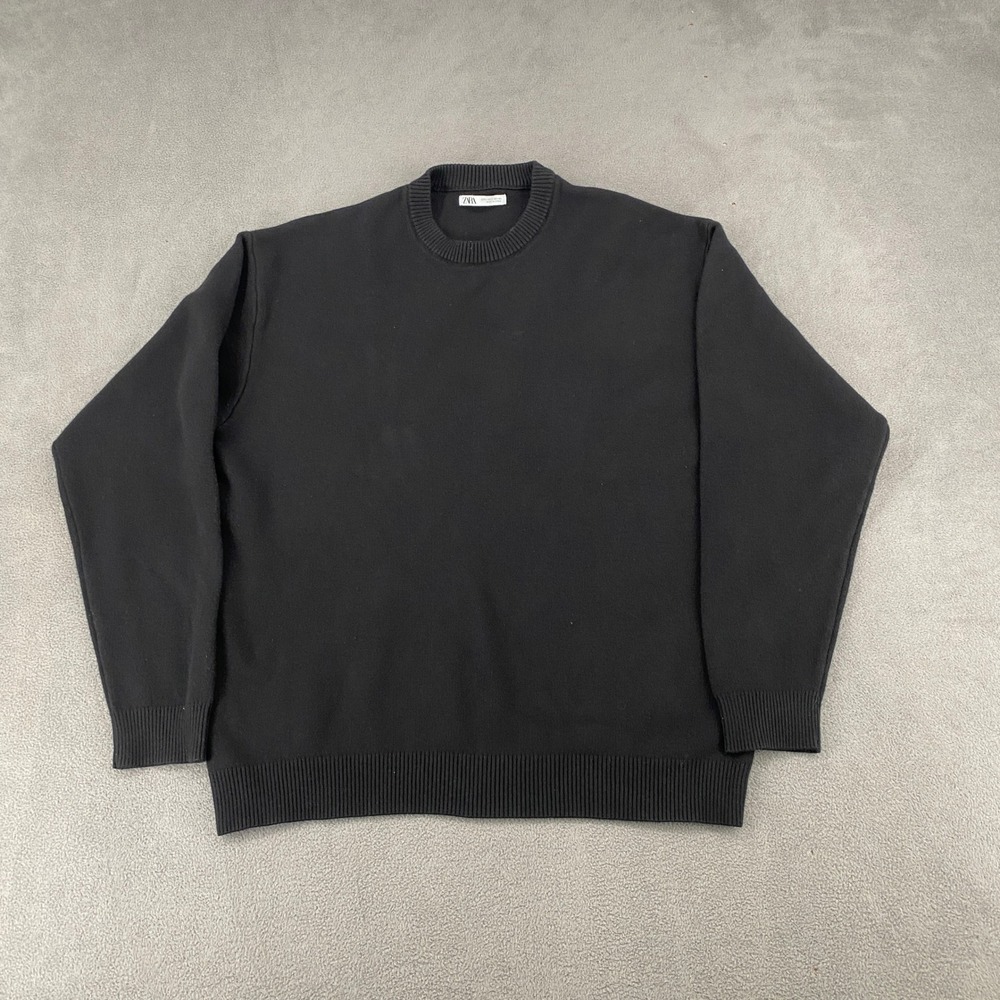 Zara Mens Black Crewneck Knit Sweater Long Sleeve Ribbed Trim Size L